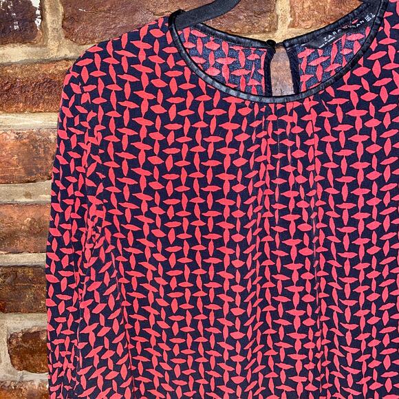 Zara Navy Blue Red Geometric Faux Leather Trim Long Sleeve Top Womens Size Large - Picture 2 of 8
